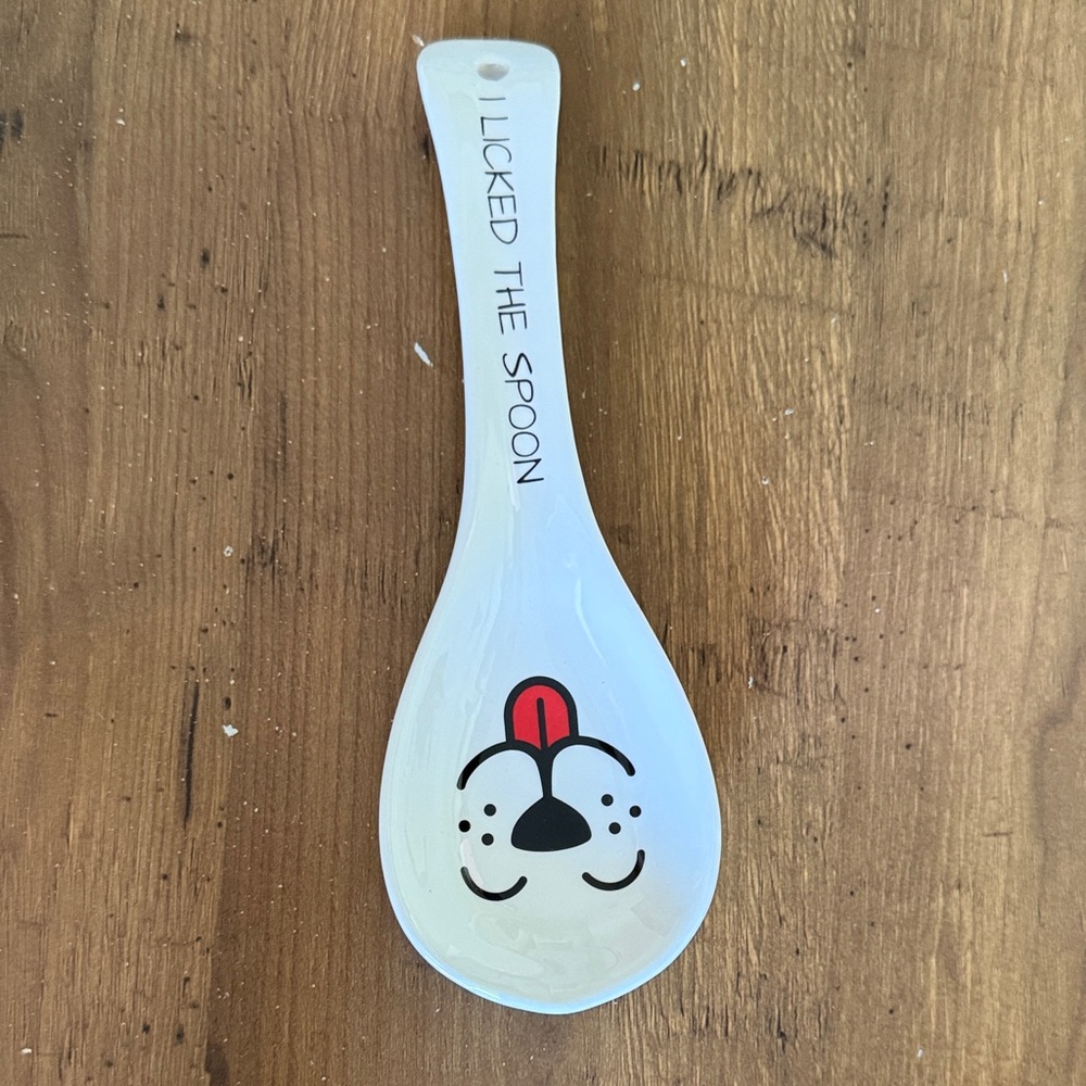 Ceramic Spoon Rest - White with Black & Red Dog Face